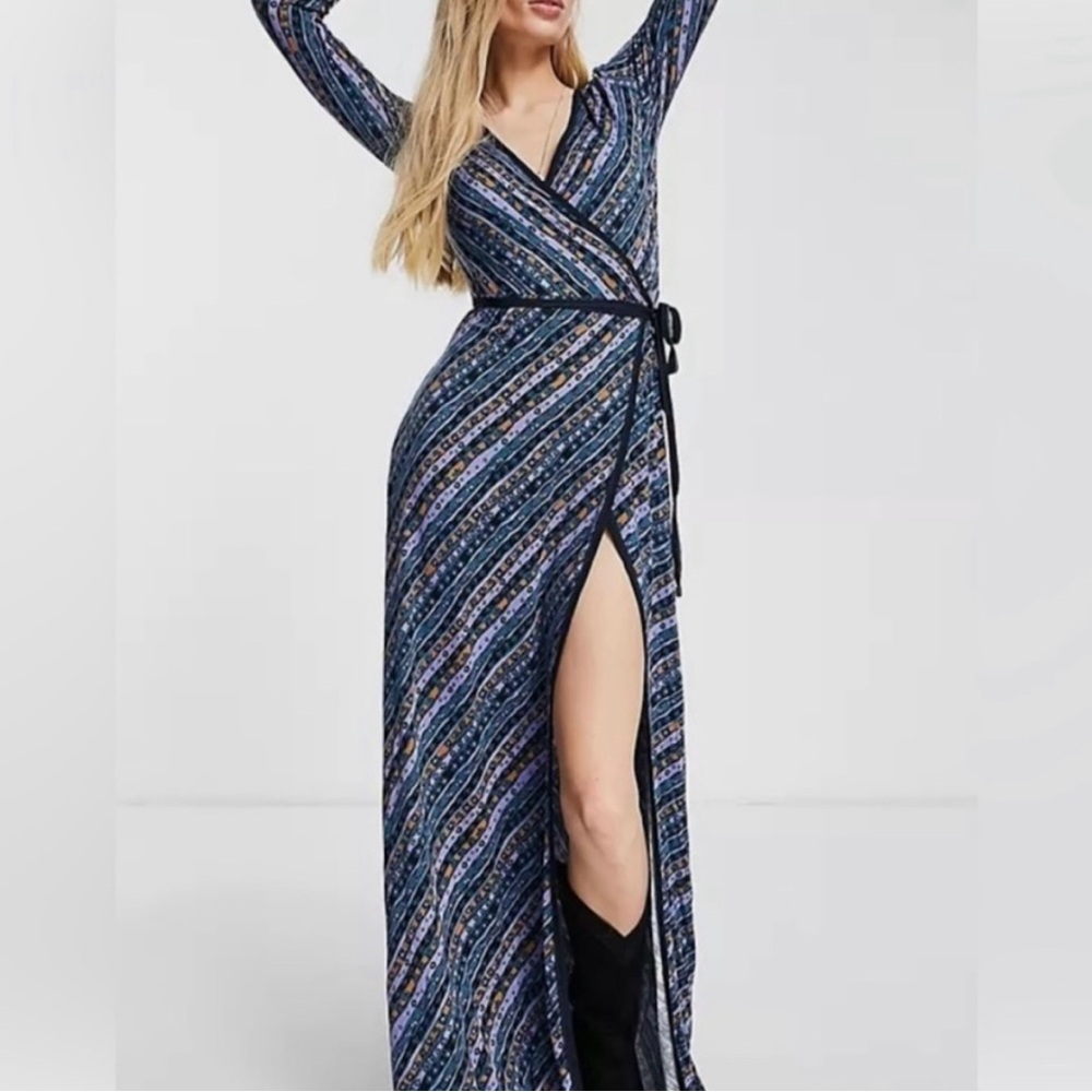Free People Blue and Purple Long Sleeve Dress